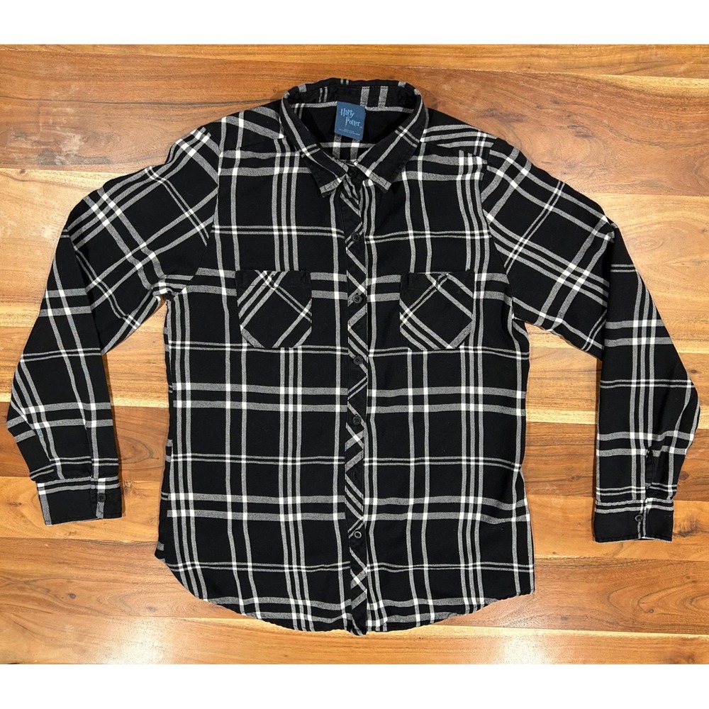 Harry Potter Hot Topic Hogwarts Crest Plaid Flannel Shirt Black White Large